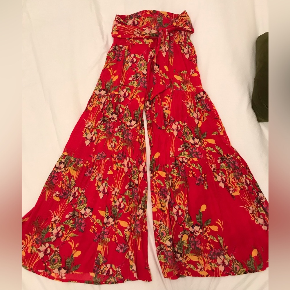 Free People FP One Aloha Floral Printed Wide Leg Flare Loose Pant M Tie Boho - Picture 4 of 10